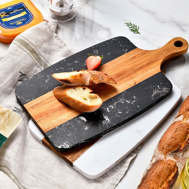 White Marble and Acacia Wood Center Handled Board-4