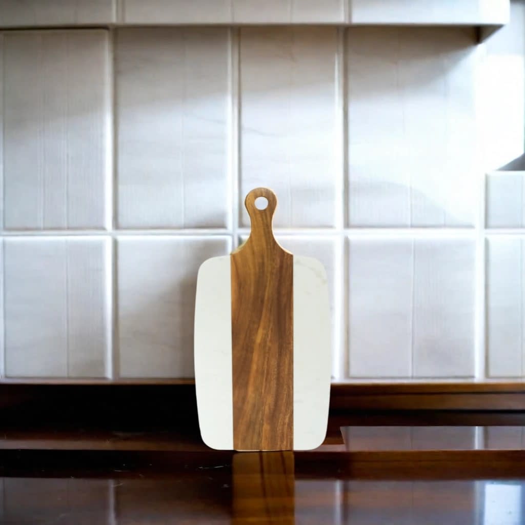 White Marble and Acacia Wood Center Handled Board-3