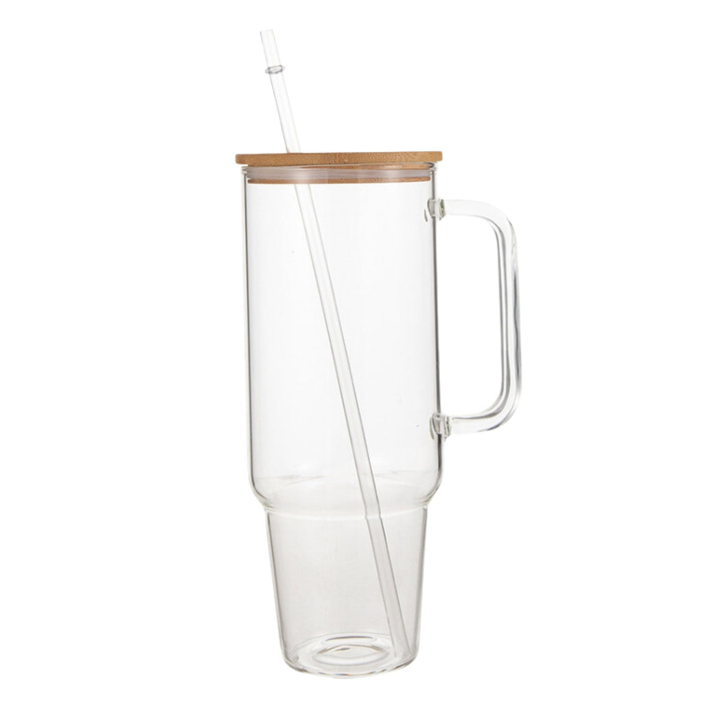 Glass 40 oz. Tumbler with Bamboo Lid, Handle & Straw - Clear-0