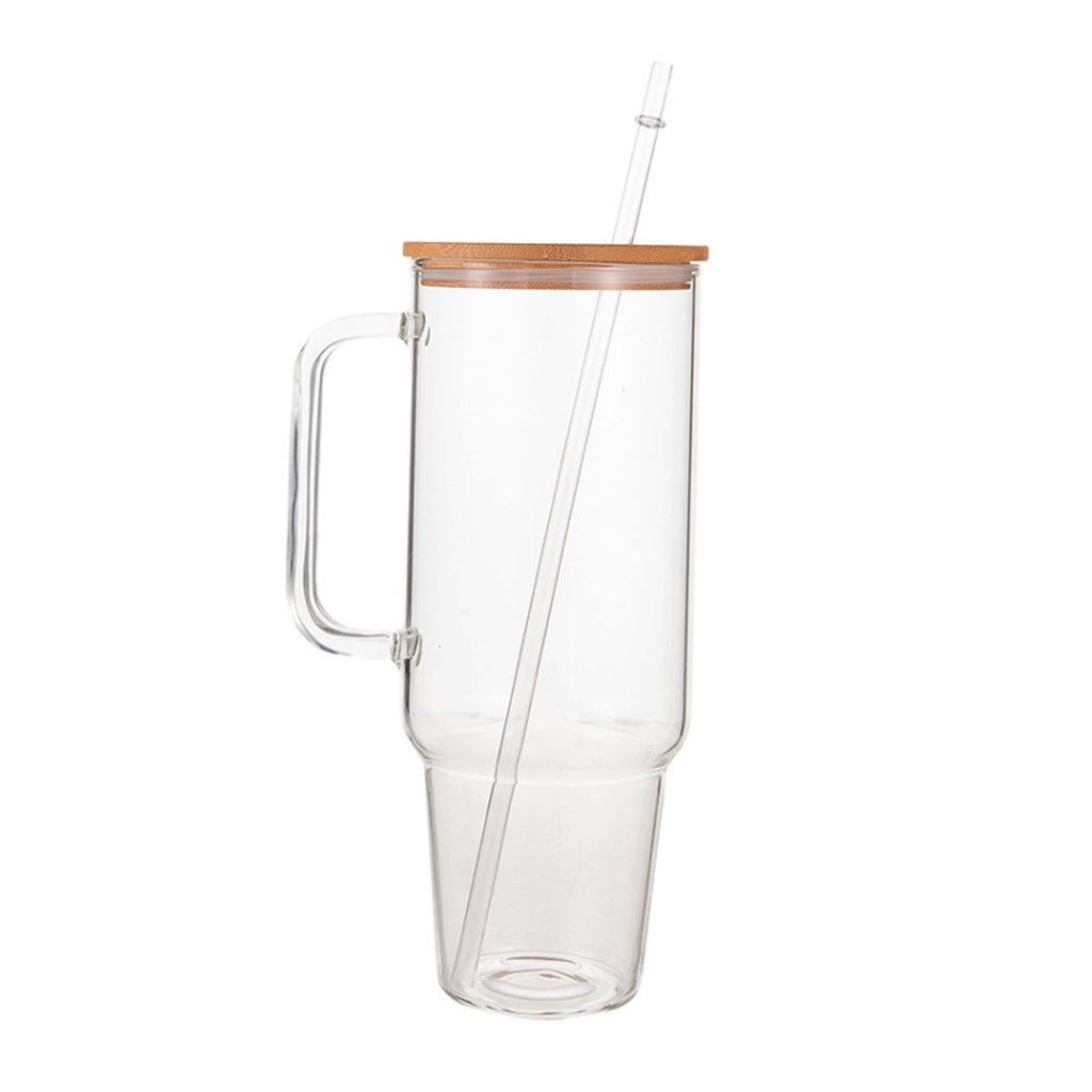 Glass 40 oz. Tumbler with Bamboo Lid, Handle & Straw - Clear-1