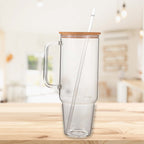 Glass 40 oz. Tumbler with Bamboo Lid, Handle & Straw - Clear-2