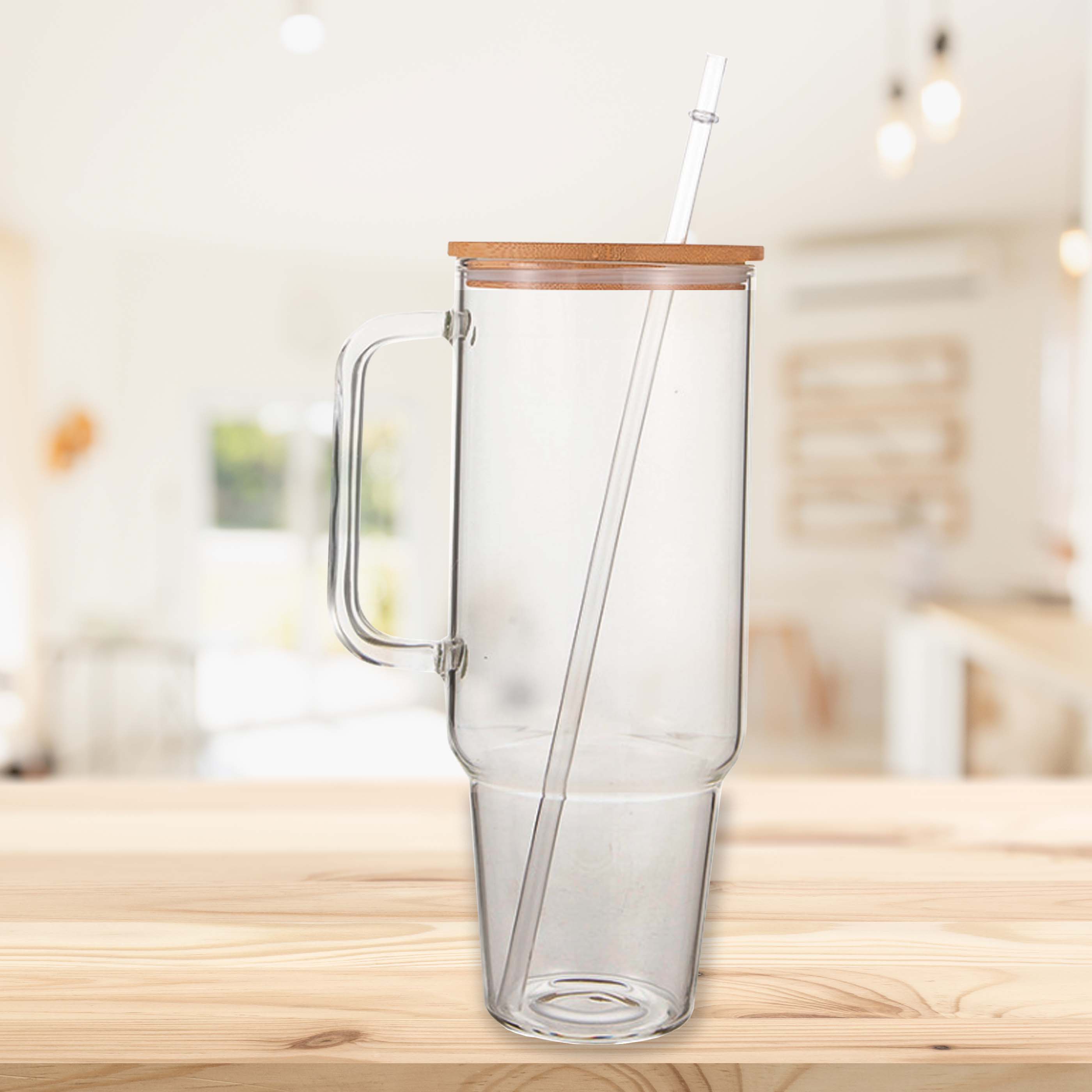 Glass 40 oz. Tumbler with Bamboo Lid, Handle & Straw - Clear-2