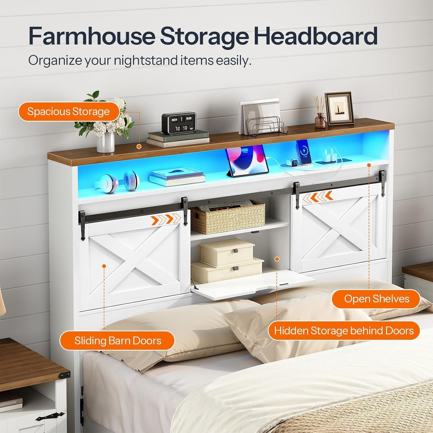 Farmhouse Queen Headboard with Storage and Charging Station-4