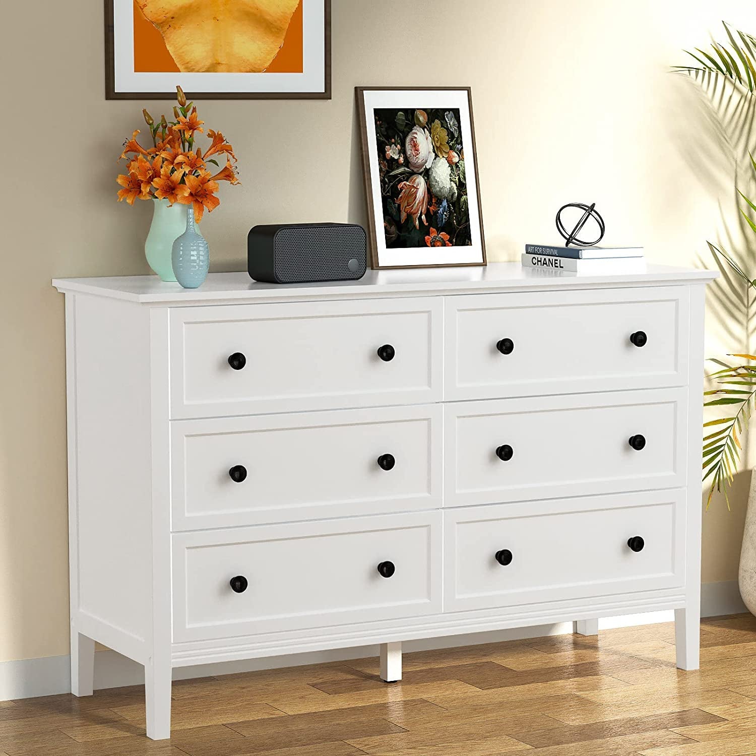 Modern White 6-Drawer Dresser with Metal Handles-1