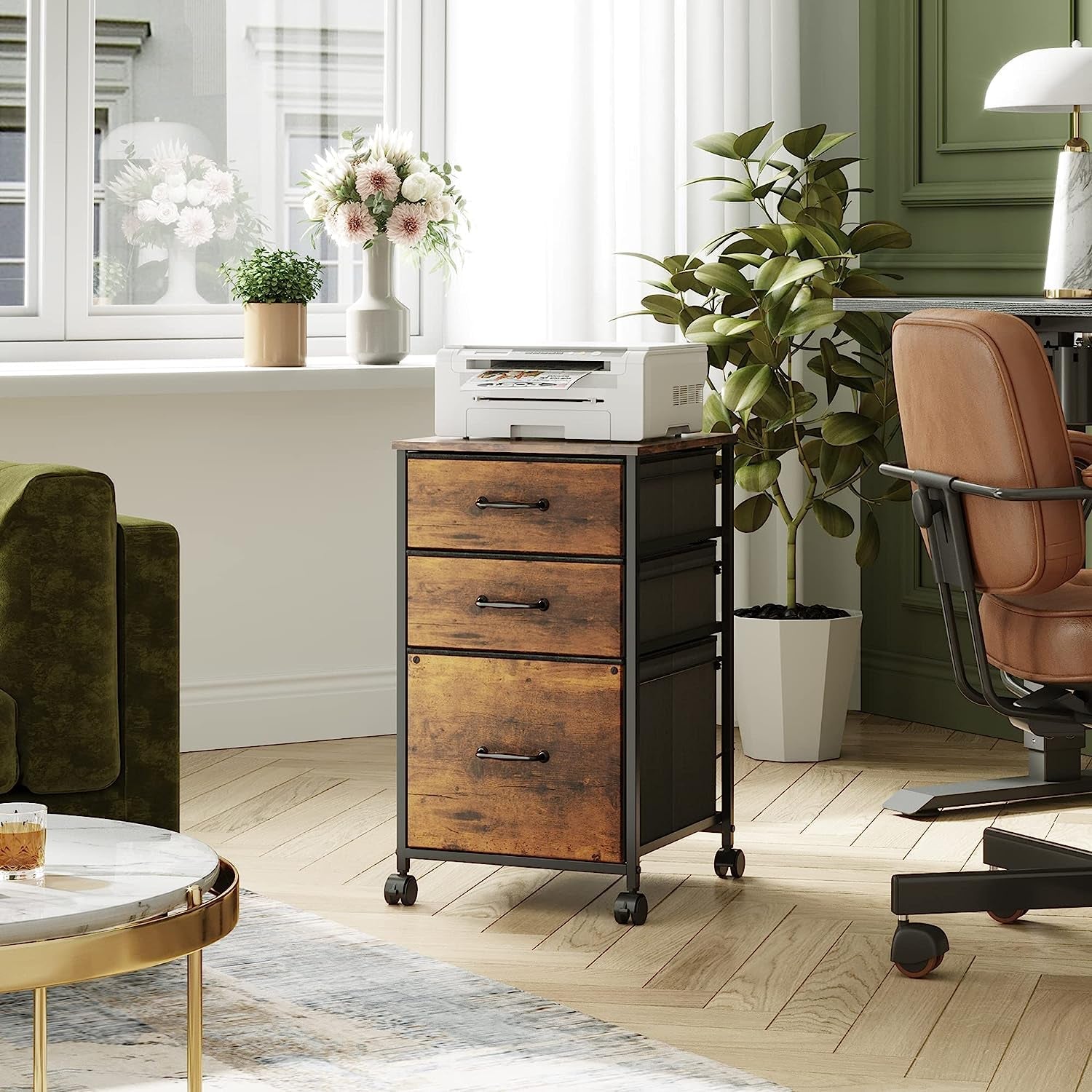 Rolling File Cabinet with 3 Drawers, Rustic Brown-0