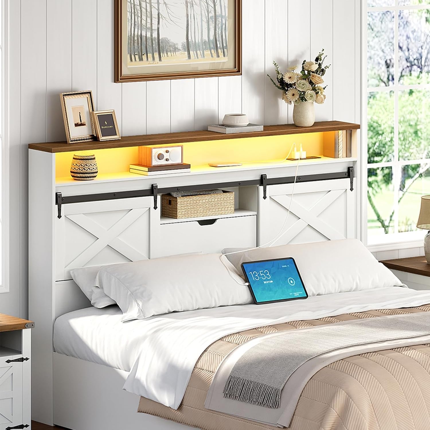 Farmhouse Queen Headboard with Storage and Charging Station-0