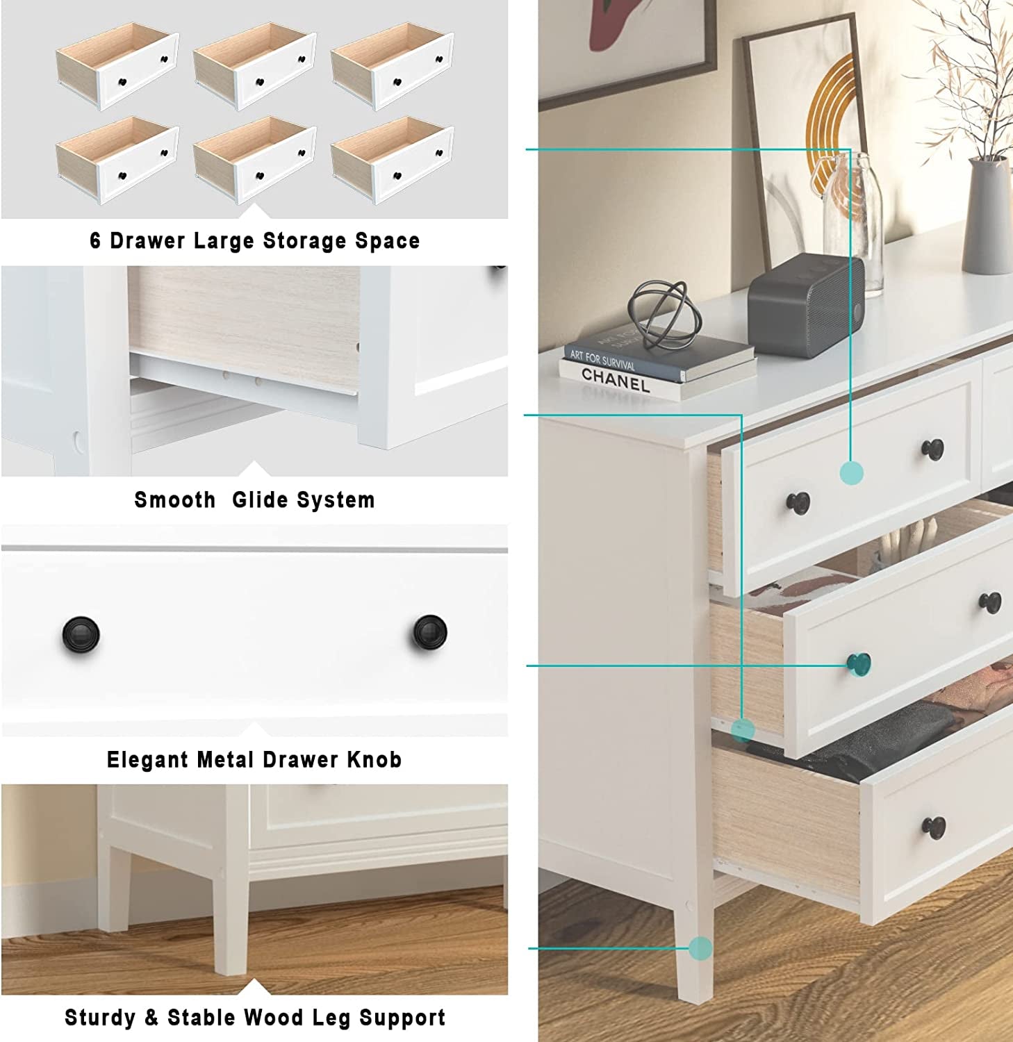 Modern White 6-Drawer Dresser with Metal Handles-4