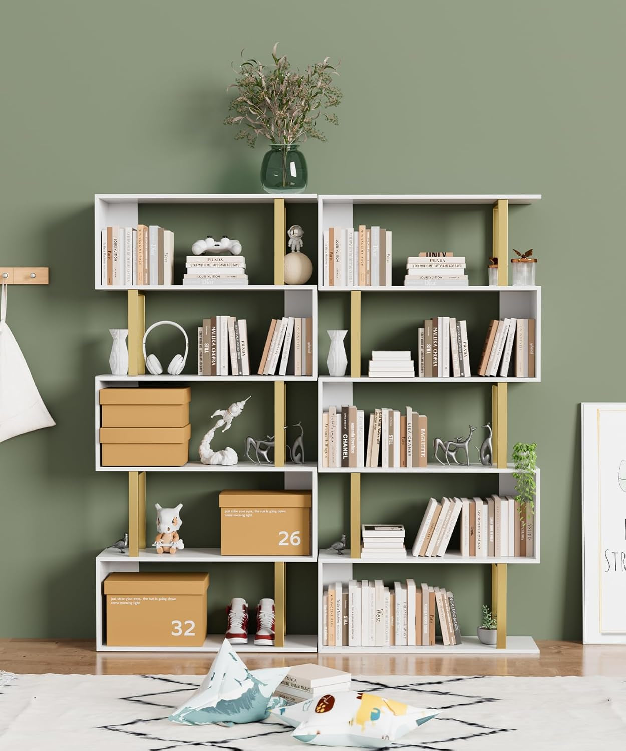 5 Tier Geometric Bookcase,S Shaped Bookshelf, Wood Decorative Storage Shelving, Modern Freestanding Display Shelves, Tall Book Shelf Unit for Living Room Bedroom, Gold-1