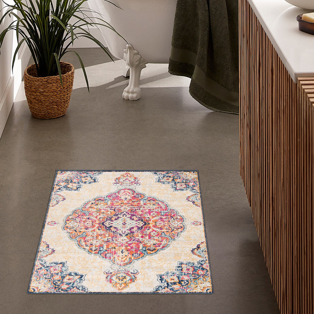 2' X 4' Blue and Beige Medallion Area Rug-5