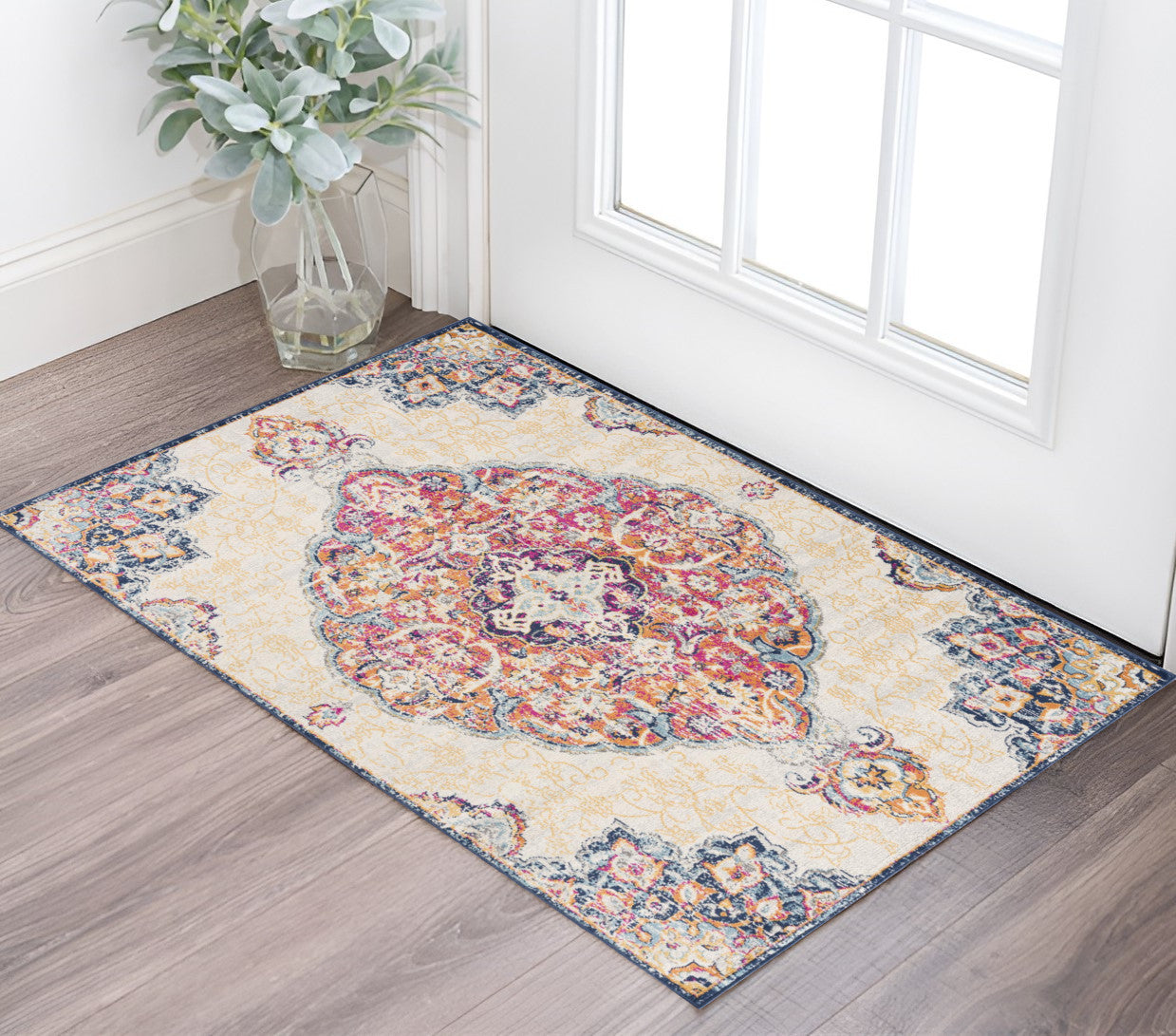 2' X 4' Blue and Beige Medallion Area Rug-1