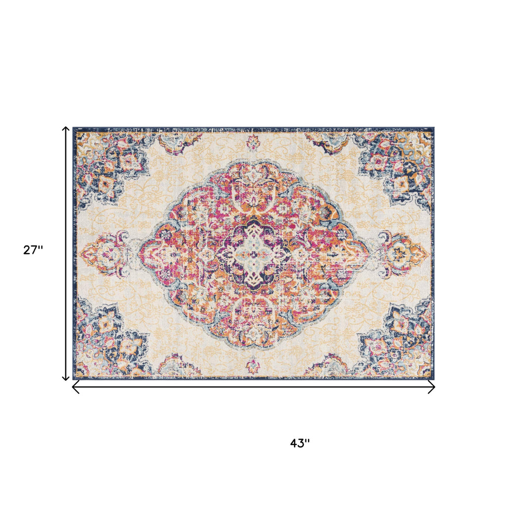 2' X 4' Blue and Beige Medallion Area Rug-6