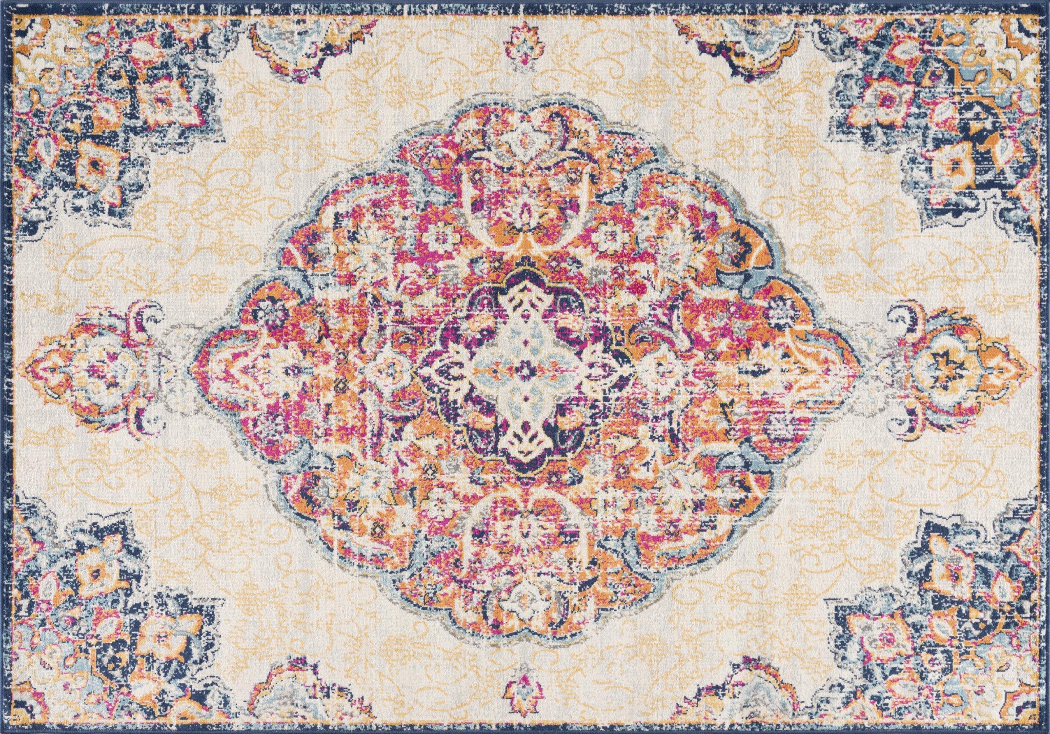 2' X 4' Blue and Beige Medallion Area Rug-0