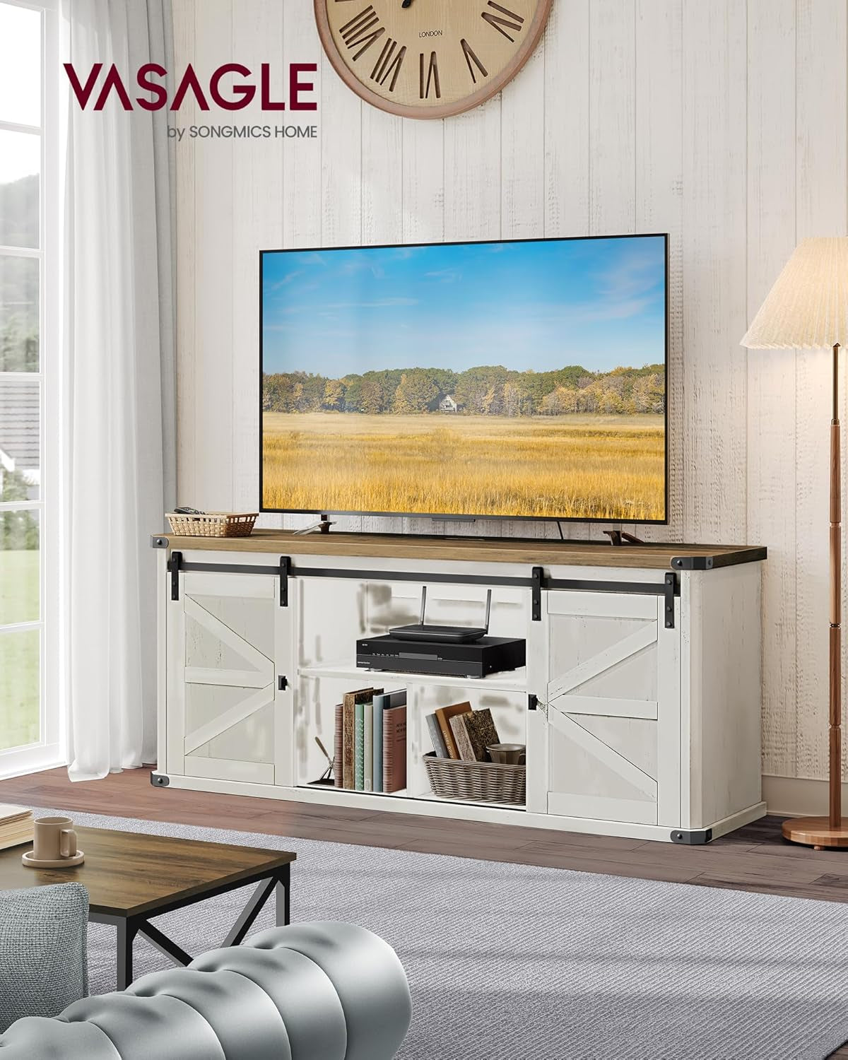 TV Stand for Tvs up to 65 Inches, Farmhouse Entertainment Center with Sliding Barn Doors, TV Console Table for Living Room, Rustic White and Honey Brown ULTV324W73-1