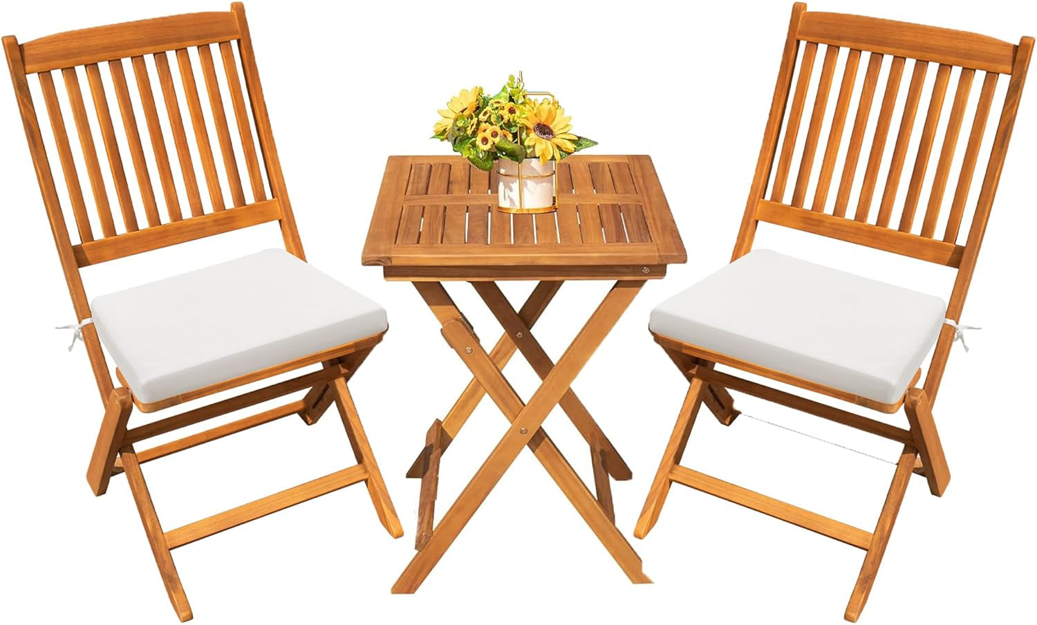 Outdoor 3 Piece Folding Patio Bistro Set Acacia Wood Bistro Table and Chairs Set of 2 for Garden Poolside Backyard Balcony Porch Deck-0
