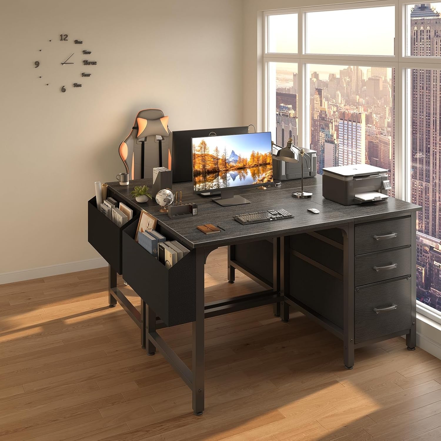 Computer Desk with File Drawers Cabinet, 47 Inch Home Office Desks with Filing Cabinet for Small Space, Gaming Study Writing Table PC Desks, Black-3