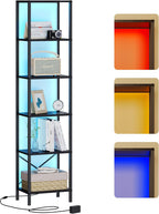 6-Tier Bookshelf, Tall Narrow Bookcase with LED Lights, Book Shelf with Steel Frame, Display Storage Shelf for Living Room, Bedroom, Home Office, Study, Balcony, Black-0