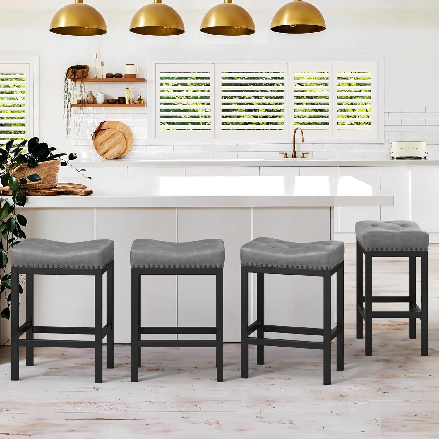 Bar Stools Set of 2, 24 Inch Saddle Backless Faux Leather Counter Height Stools with Black Metal Legs, Dark Gray-2