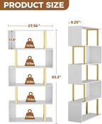5 Tier Geometric Bookcase,S Shaped Bookshelf, Wood Decorative Storage Shelving, Modern Freestanding Display Shelves, Tall Book Shelf Unit for Living Room Bedroom, Gold-2