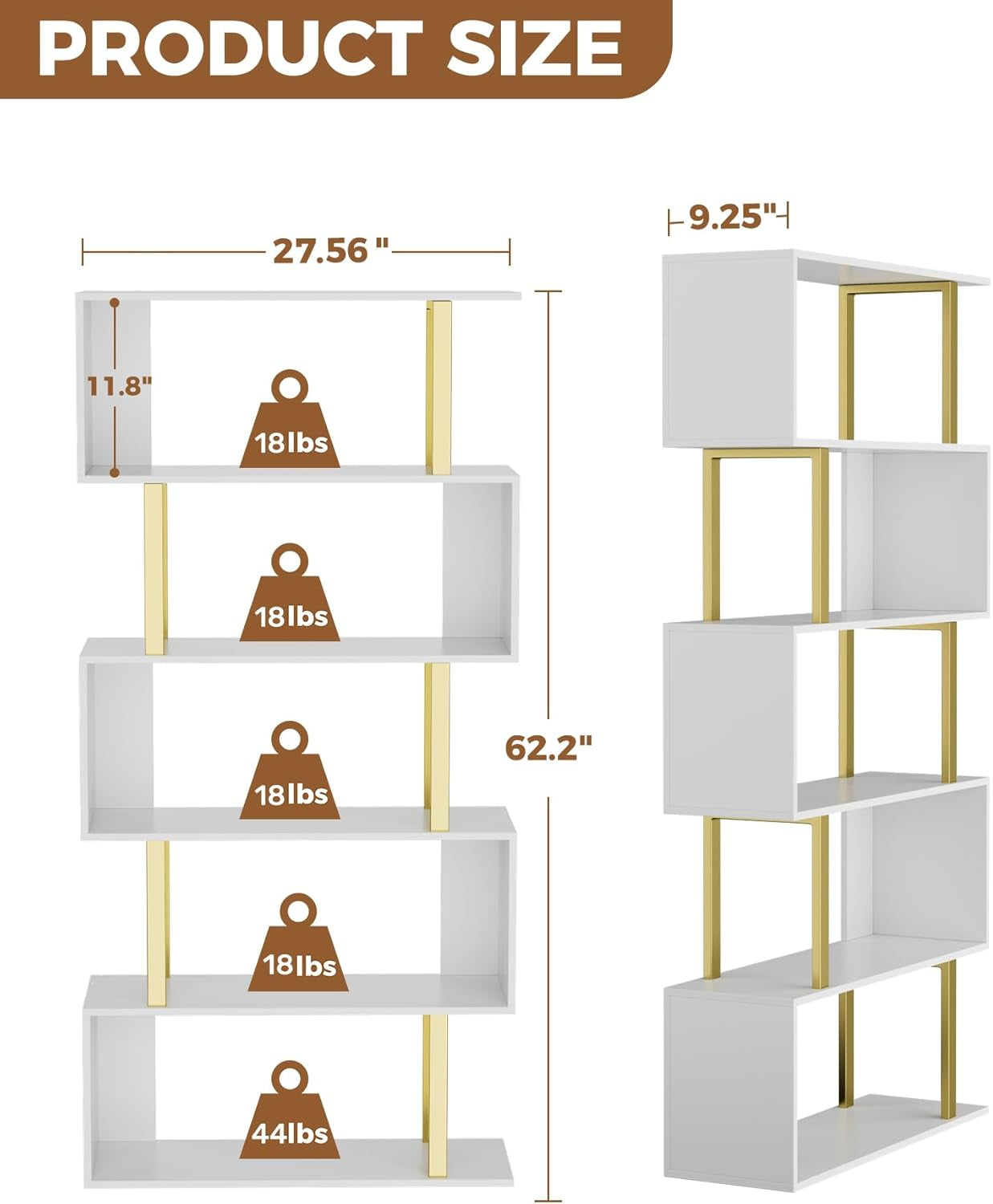 5 Tier Geometric Bookcase,S Shaped Bookshelf, Wood Decorative Storage Shelving, Modern Freestanding Display Shelves, Tall Book Shelf Unit for Living Room Bedroom, Gold-2