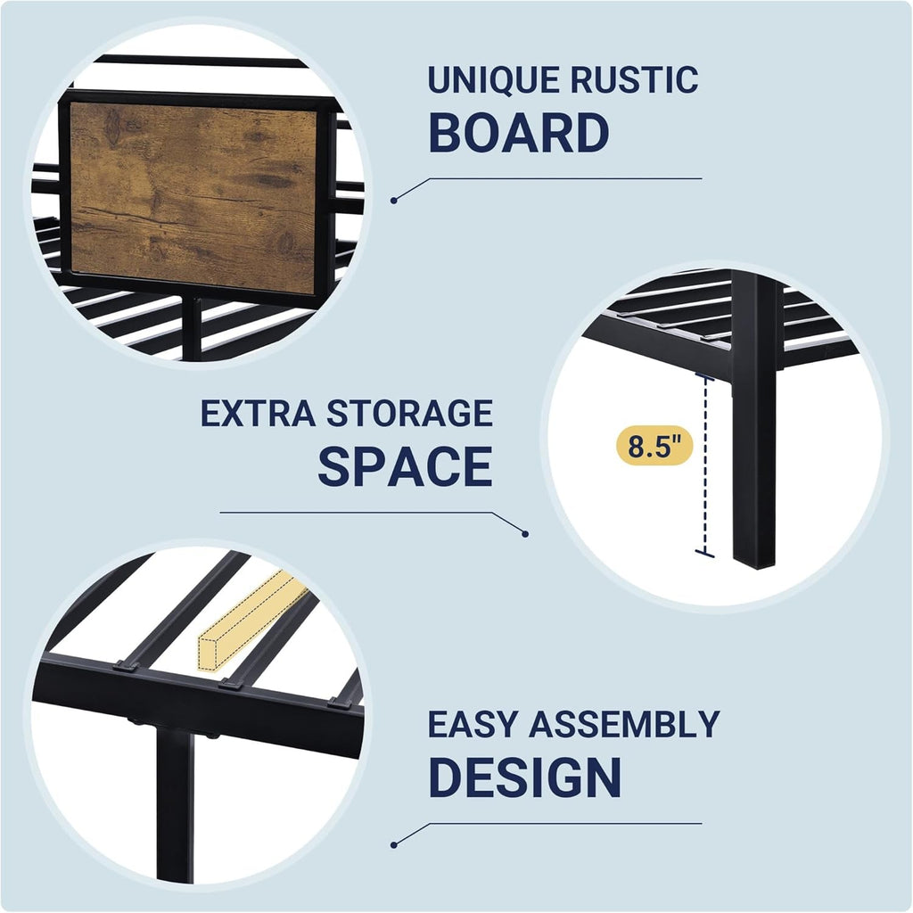 Twin over Twin Bunk Bed with Rustic Wooden Accents, Sturdy Metal Frame, Space-Saving Design, Noise-Free, Black-4