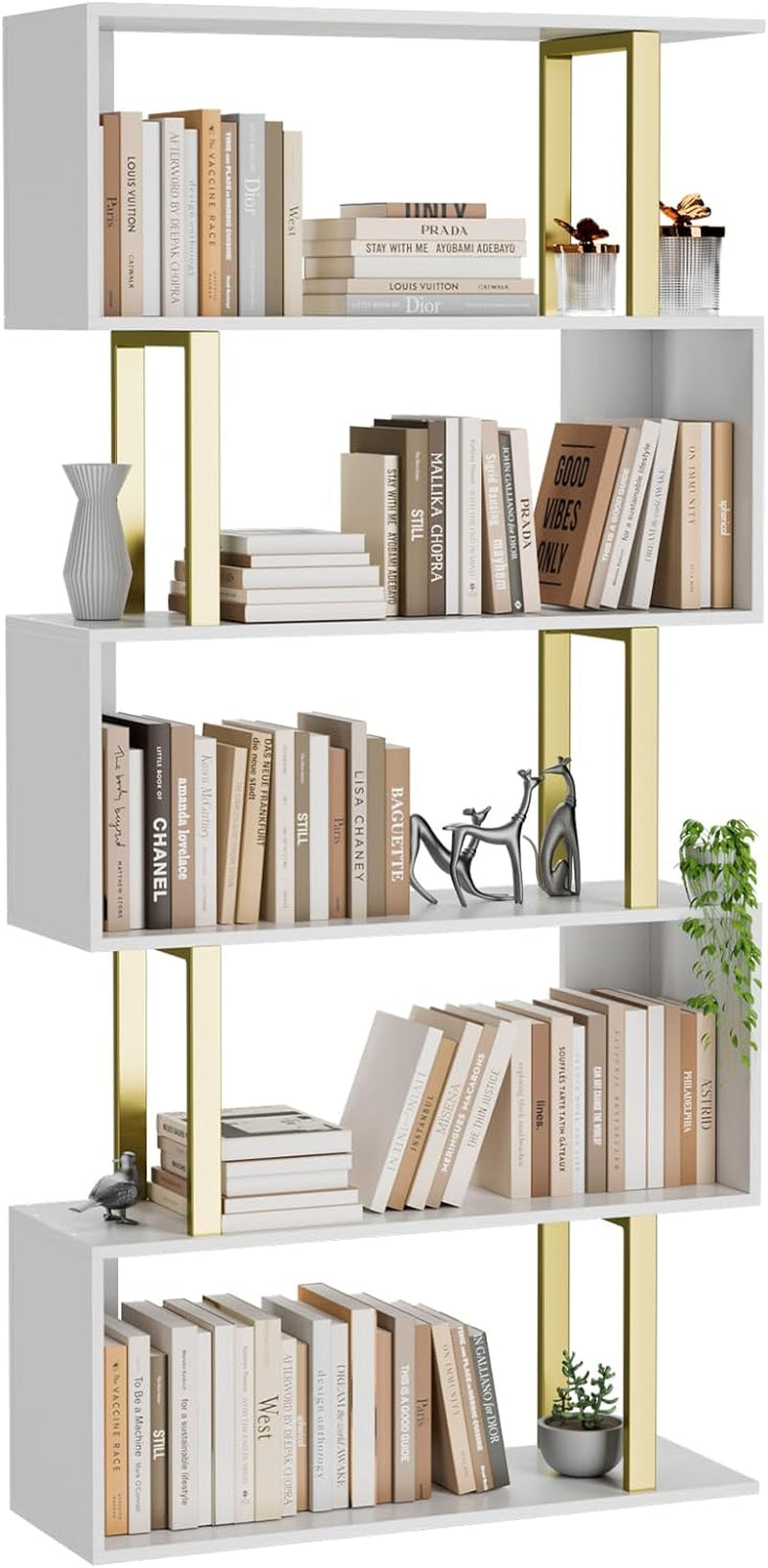 5 Tier Geometric Bookcase,S Shaped Bookshelf, Wood Decorative Storage Shelving, Modern Freestanding Display Shelves, Tall Book Shelf Unit for Living Room Bedroom, Gold-0