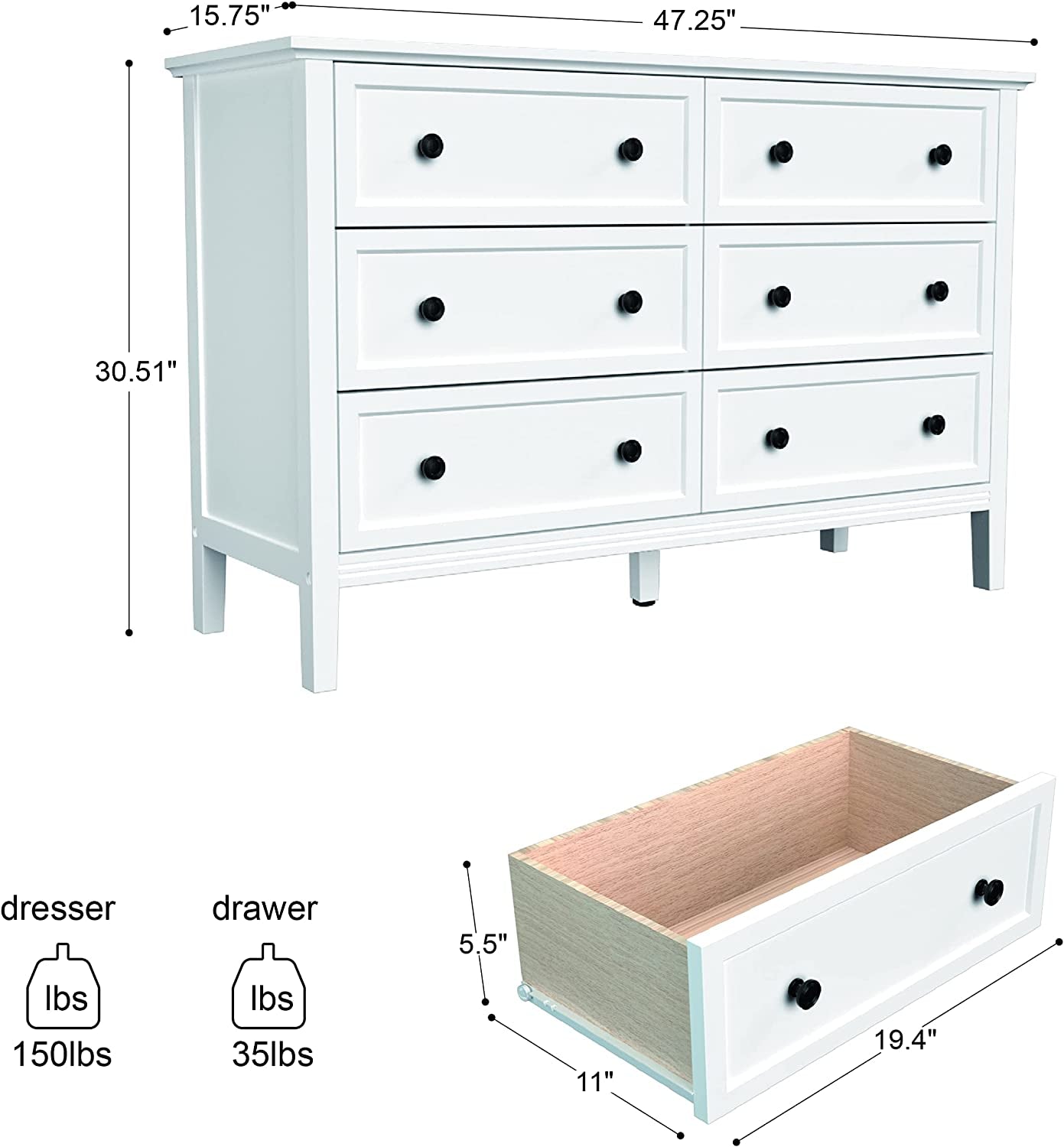 Modern White 6-Drawer Dresser with Metal Handles-2