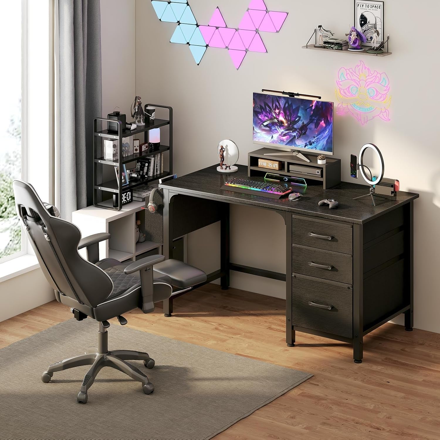 Computer Desk with File Drawers Cabinet, 47 Inch Home Office Desks with Filing Cabinet for Small Space, Gaming Study Writing Table PC Desks, Black-1