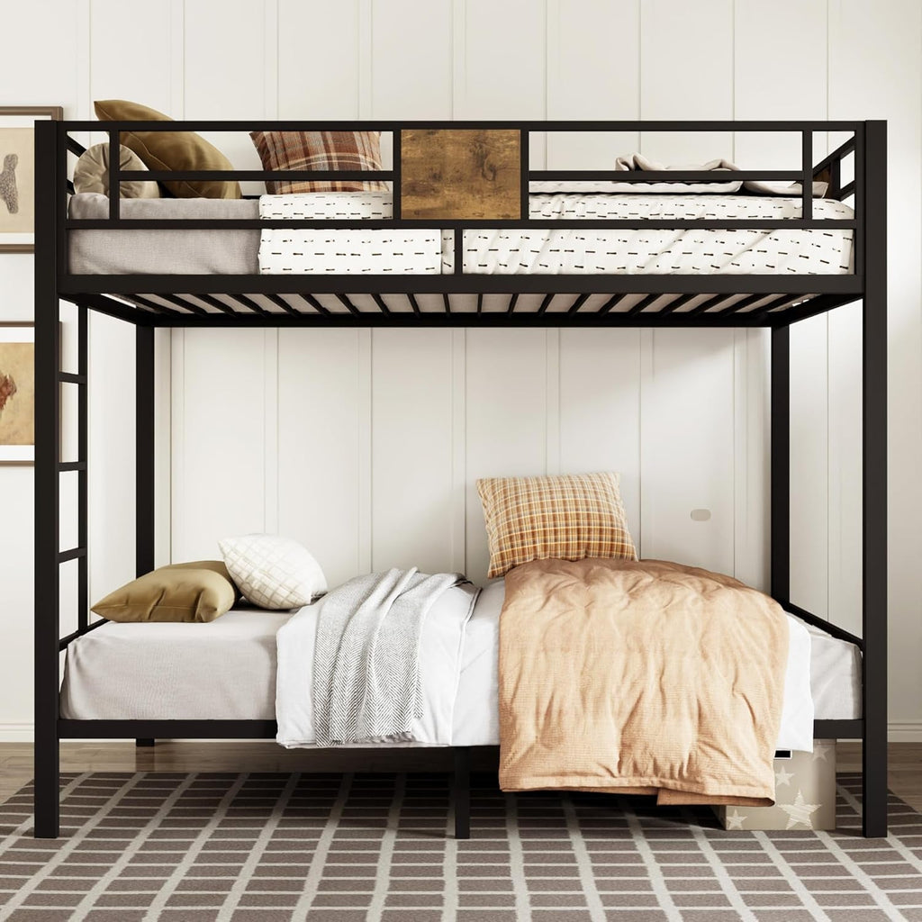 Twin over Twin Bunk Bed with Rustic Wooden Accents, Sturdy Metal Frame, Space-Saving Design, Noise-Free, Black-2