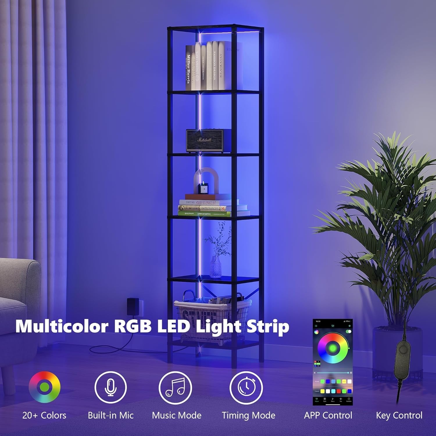 6-Tier Bookshelf, Tall Narrow Bookcase with LED Lights, Book Shelf with Steel Frame, Display Storage Shelf for Living Room, Bedroom, Home Office, Study, Balcony, Black-3
