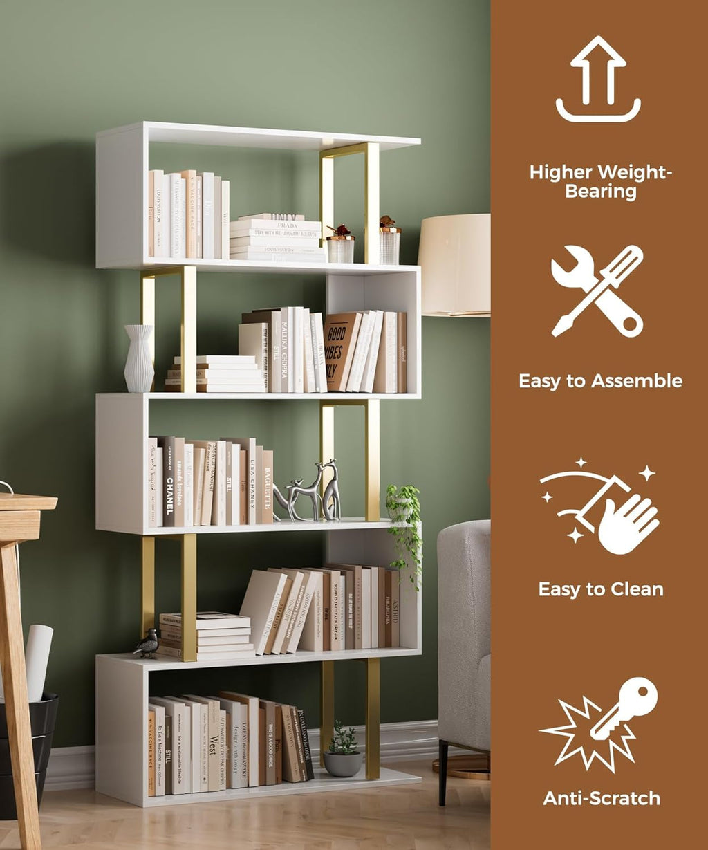 5 Tier Geometric Bookcase,S Shaped Bookshelf, Wood Decorative Storage Shelving, Modern Freestanding Display Shelves, Tall Book Shelf Unit for Living Room Bedroom, Gold-3
