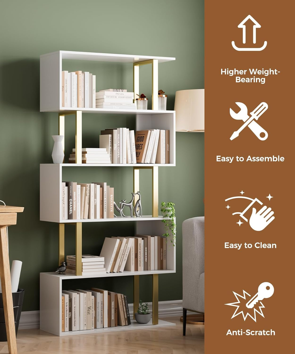 5 Tier Geometric Bookcase,S Shaped Bookshelf, Wood Decorative Storage Shelving, Modern Freestanding Display Shelves, Tall Book Shelf Unit for Living Room Bedroom, Gold-3