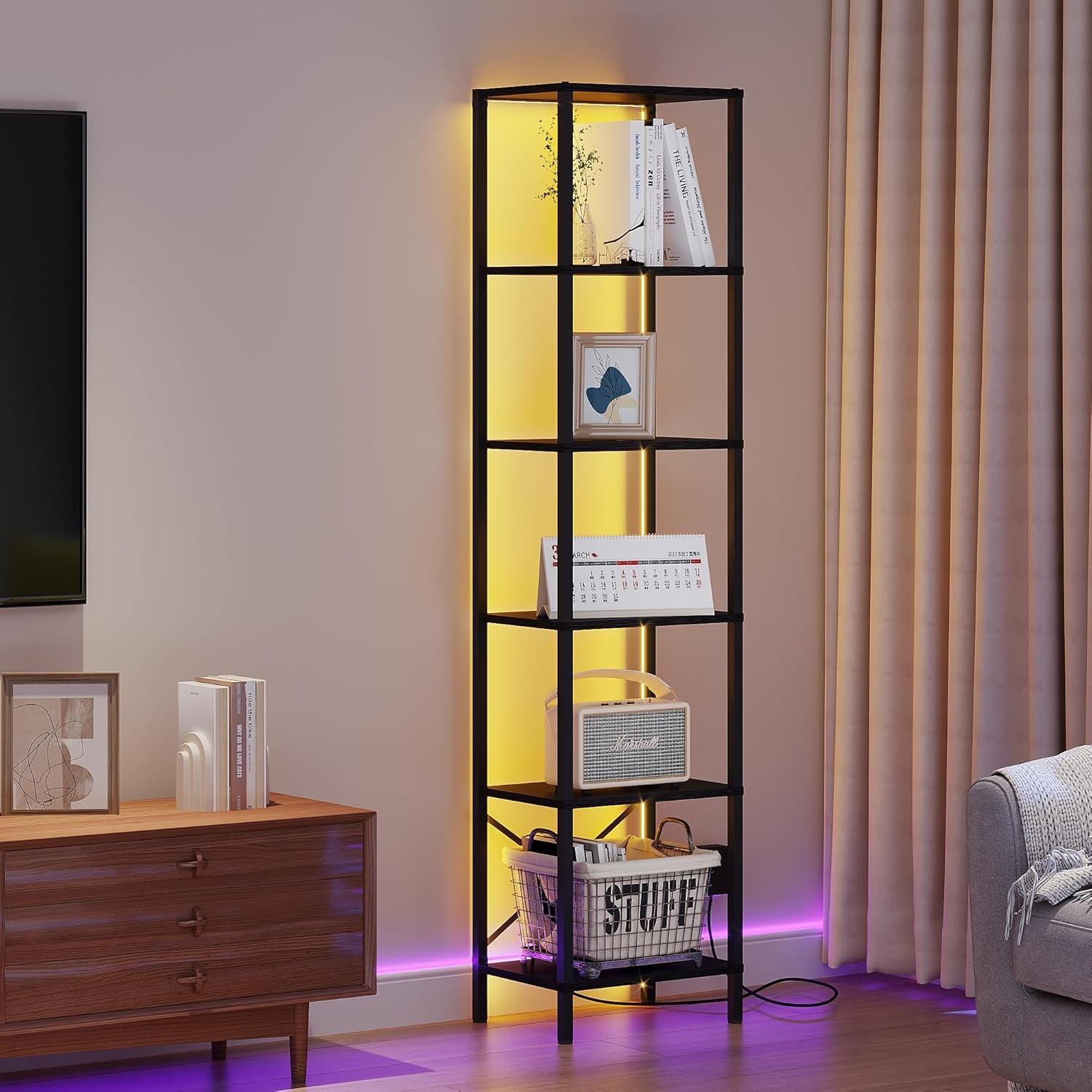 6-Tier Bookshelf, Tall Narrow Bookcase with LED Lights, Book Shelf with Steel Frame, Display Storage Shelf for Living Room, Bedroom, Home Office, Study, Balcony, Black-1
