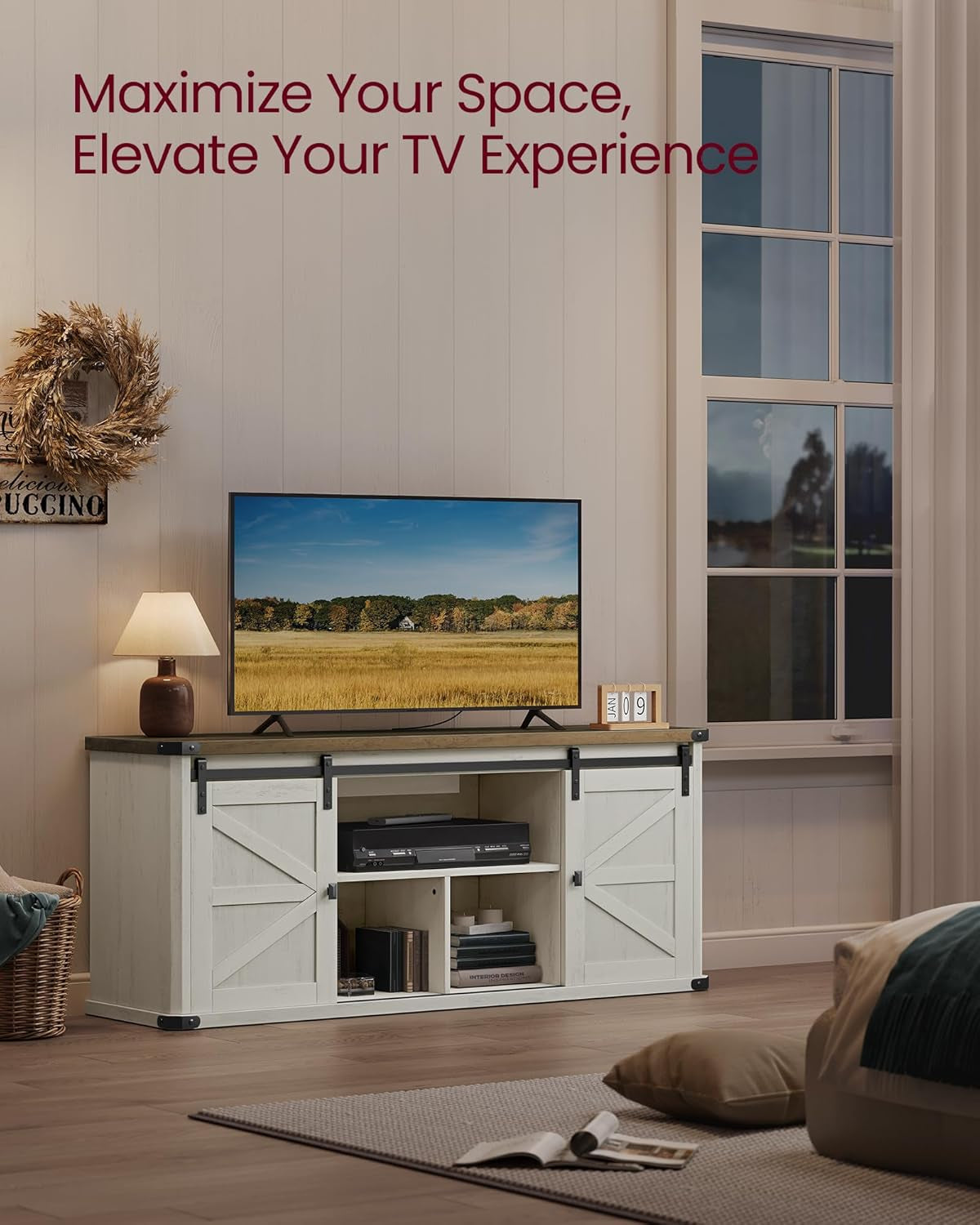 TV Stand for Tvs up to 65 Inches, Farmhouse Entertainment Center with Sliding Barn Doors, TV Console Table for Living Room, Rustic White and Honey Brown ULTV324W73-2