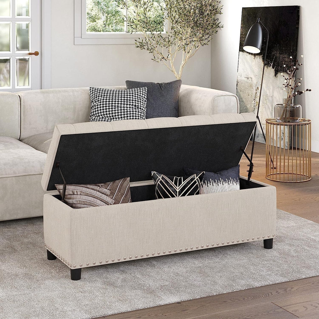 Button-Tufted Ottoman with Storage - Beige-0