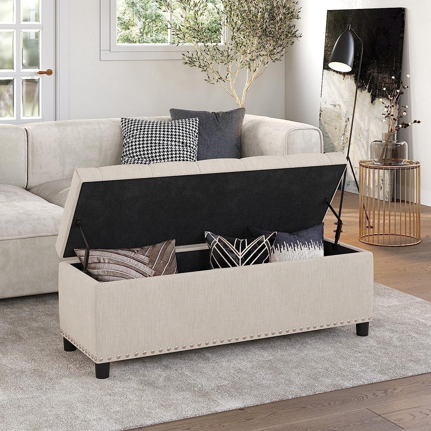 Button-Tufted Ottoman with Storage - Beige-0
