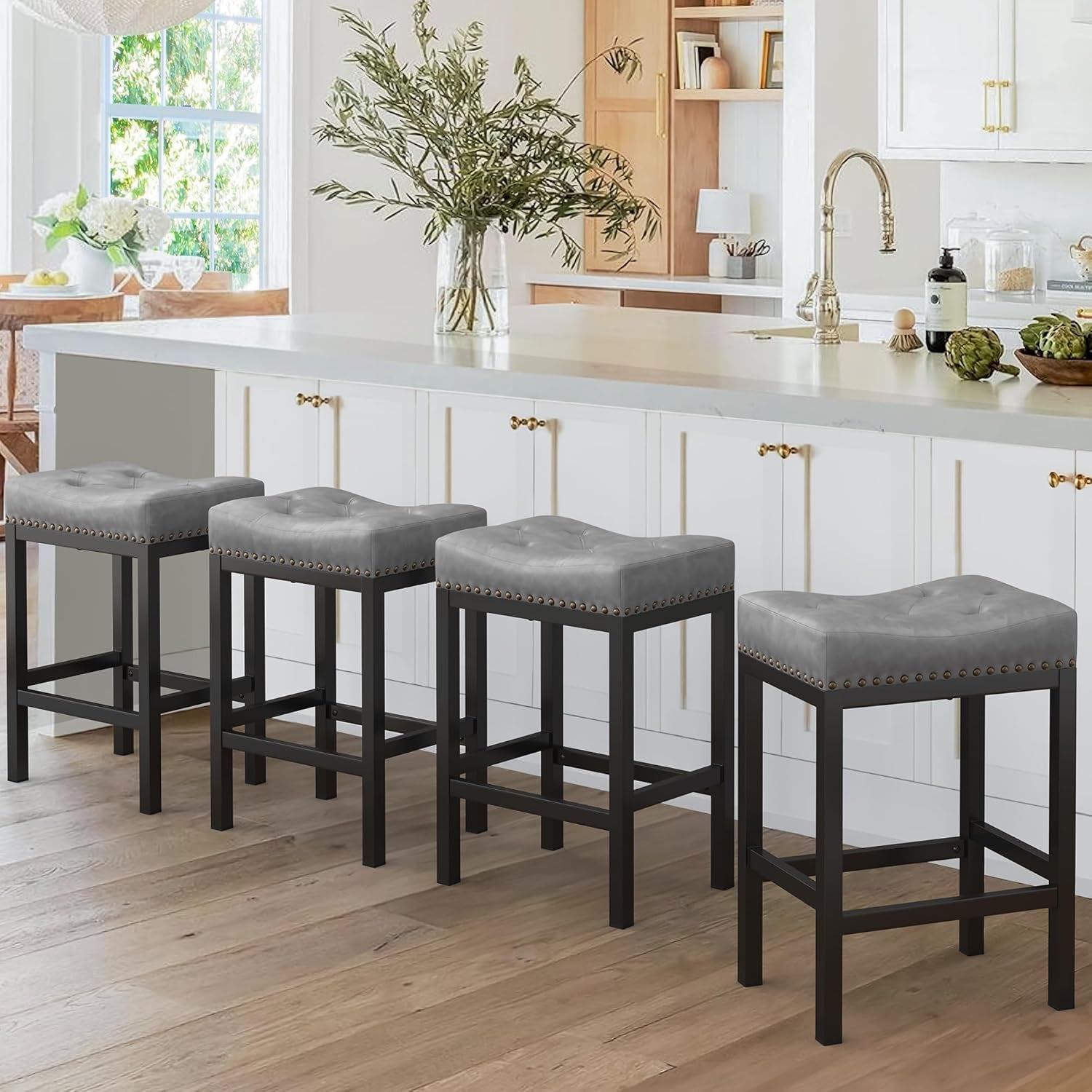 Bar Stools Set of 2, 24 Inch Saddle Backless Faux Leather Counter Height Stools with Black Metal Legs, Dark Gray-0