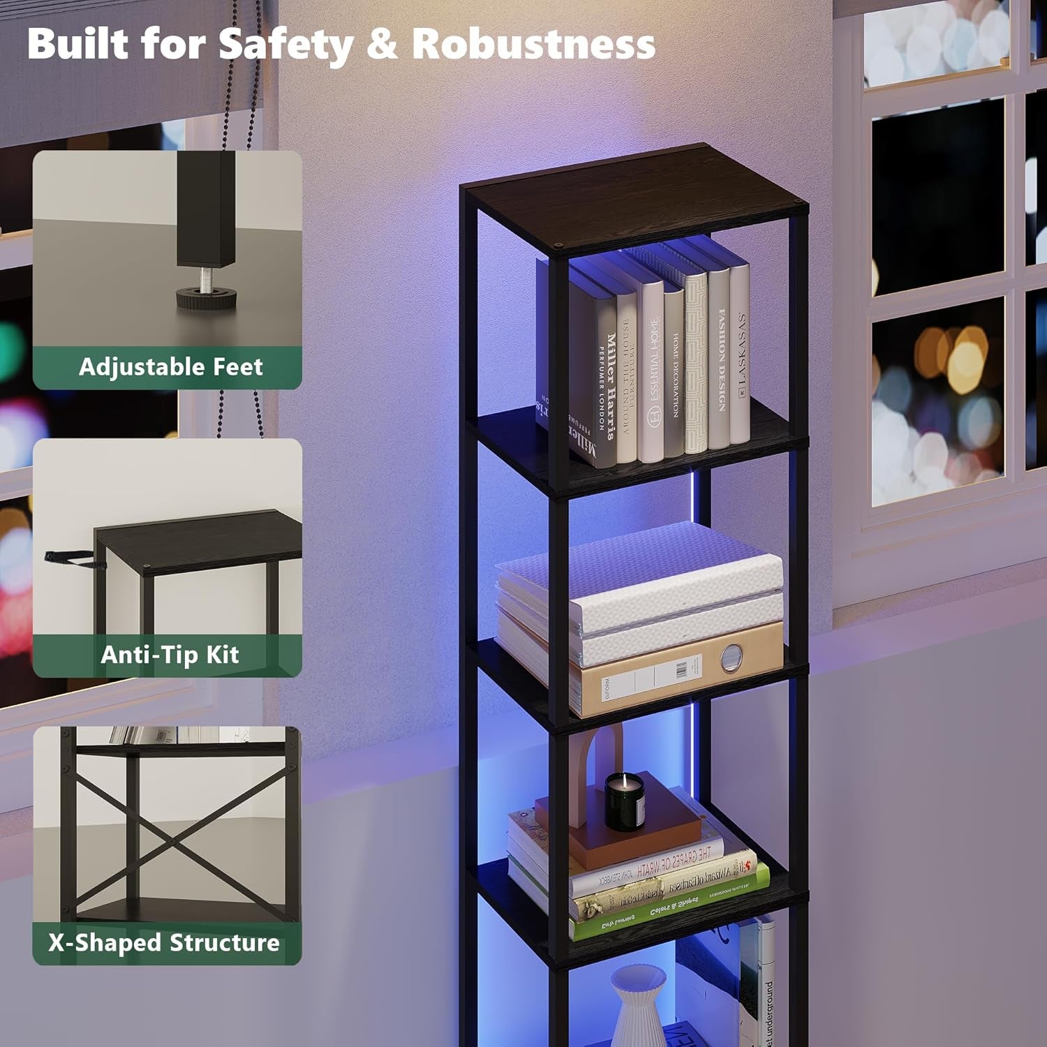 6-Tier Bookshelf, Tall Narrow Bookcase with LED Lights, Book Shelf with Steel Frame, Display Storage Shelf for Living Room, Bedroom, Home Office, Study, Balcony, Black-4