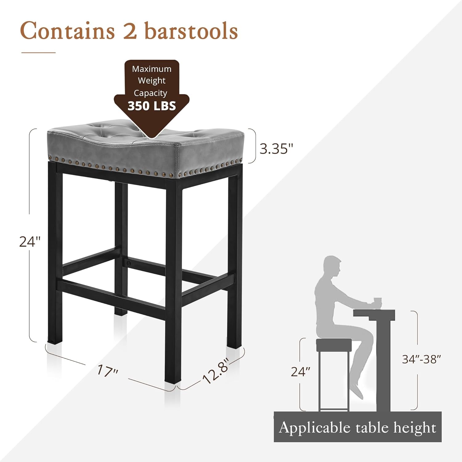 Bar Stools Set of 2, 24 Inch Saddle Backless Faux Leather Counter Height Stools with Black Metal Legs, Dark Gray-1