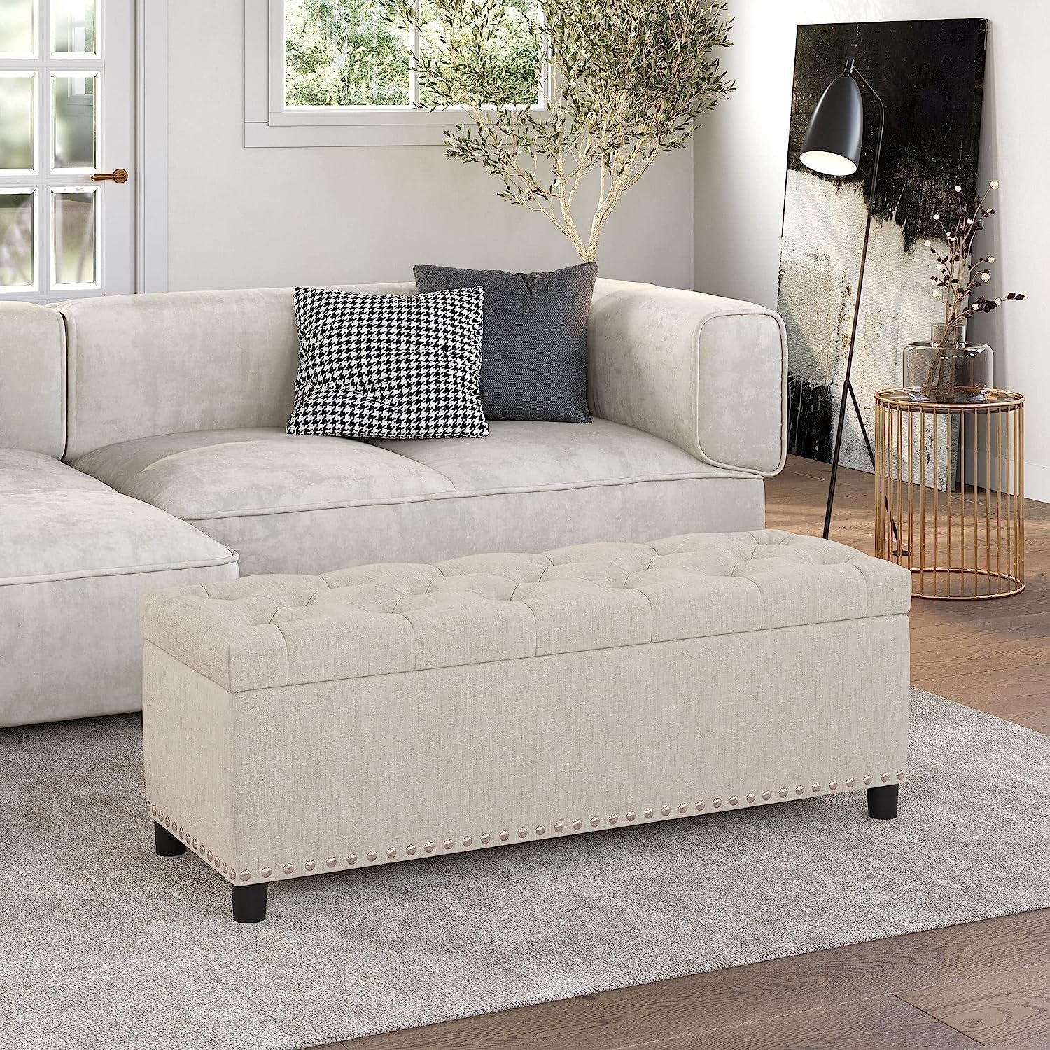 Button-Tufted Ottoman with Storage - Beige-1