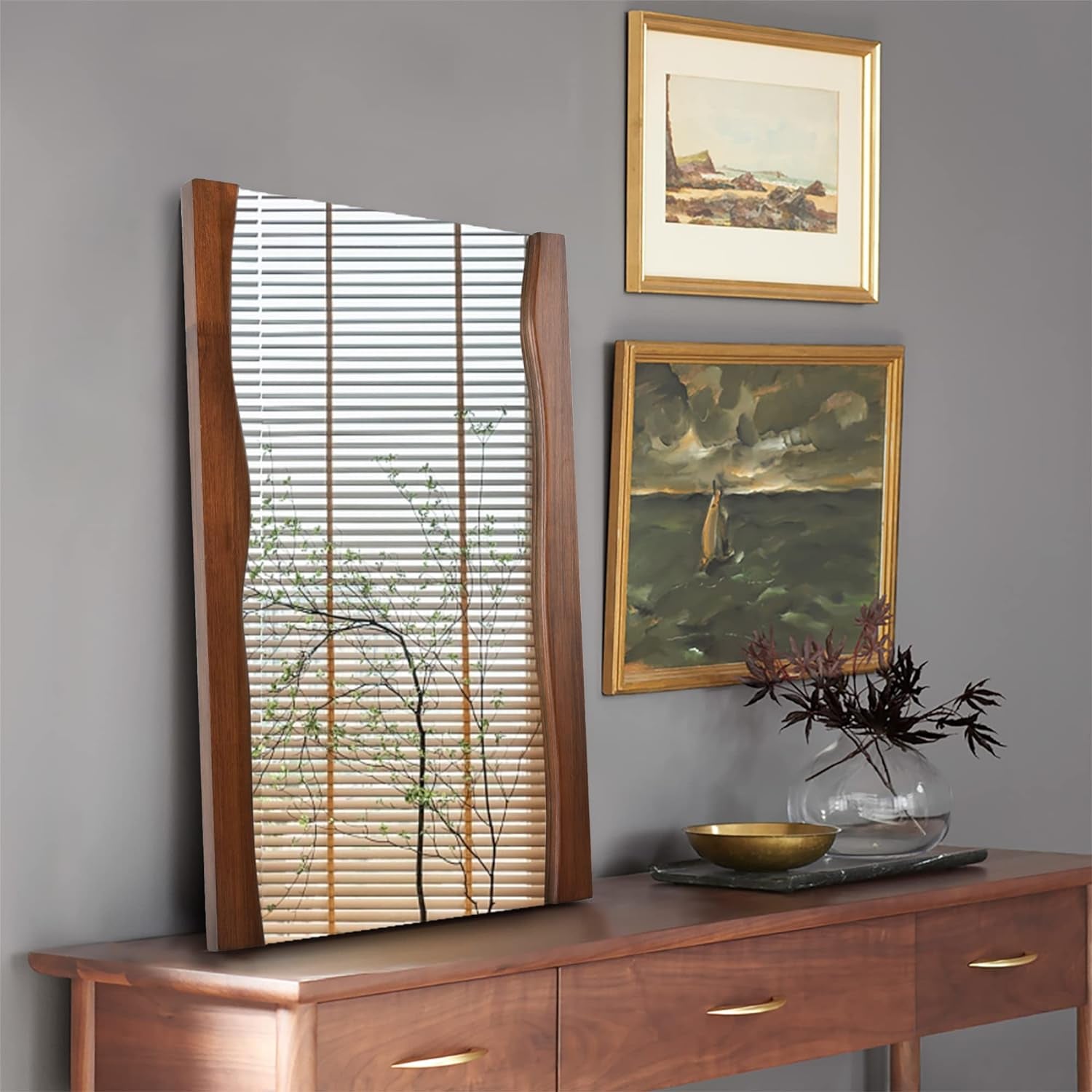 Rustic Brown Wood Bathroom Mirror with Live Edge Frame - Irregular 20 X 28 Inch Vanity Mirror for Entryway, Living Room, and Bedroom-0