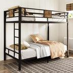Twin over Twin Bunk Bed with Rustic Wooden Accents, Sturdy Metal Frame, Space-Saving Design, Noise-Free, Black-0