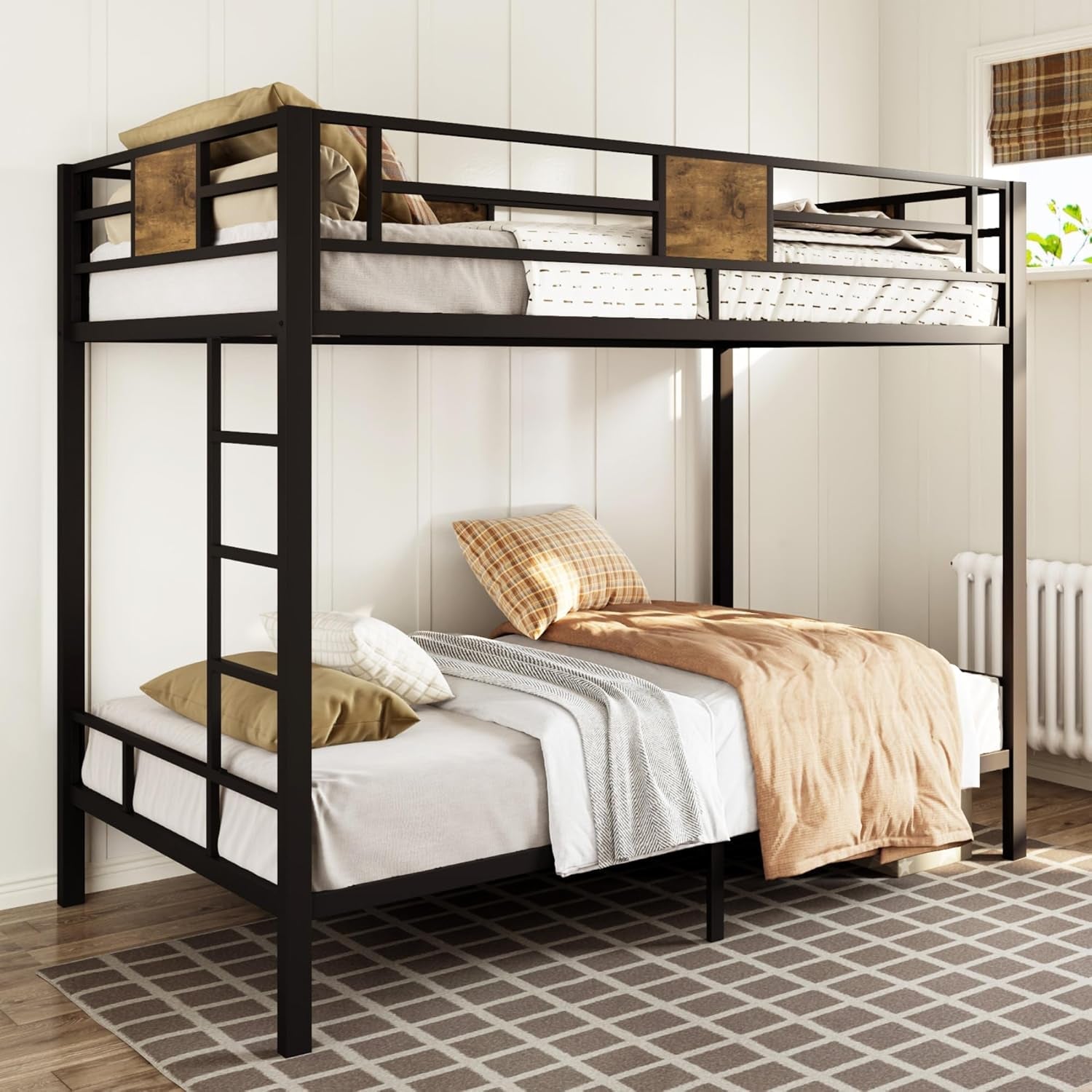 Twin over Twin Bunk Bed with Rustic Wooden Accents, Sturdy Metal Frame, Space-Saving Design, Noise-Free, Black-0