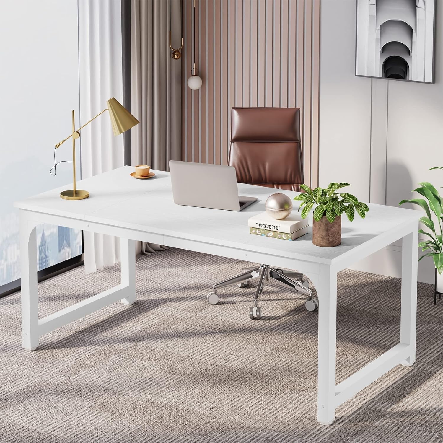 63 Inch Large Executive Computer Office Desk, White-1
