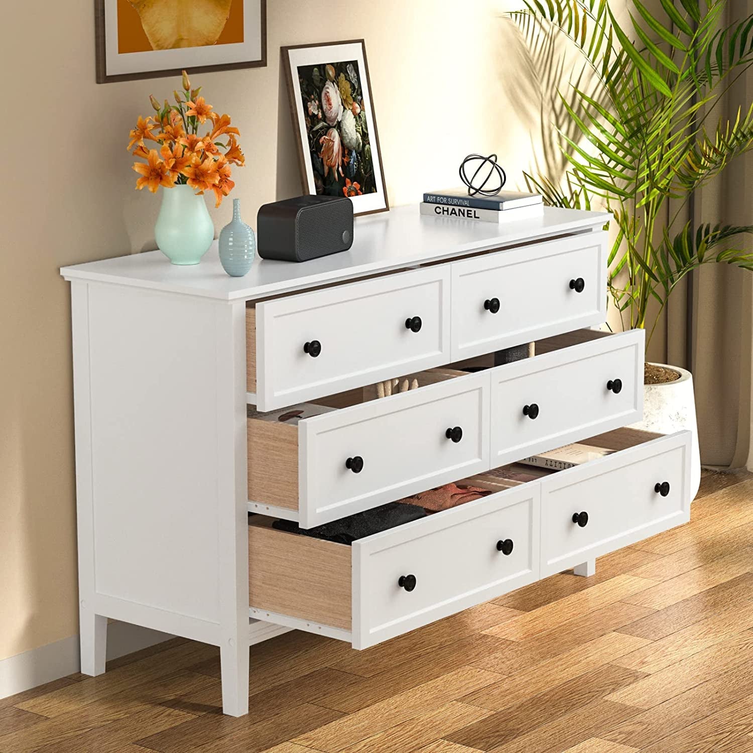 Modern White 6-Drawer Dresser with Metal Handles-3