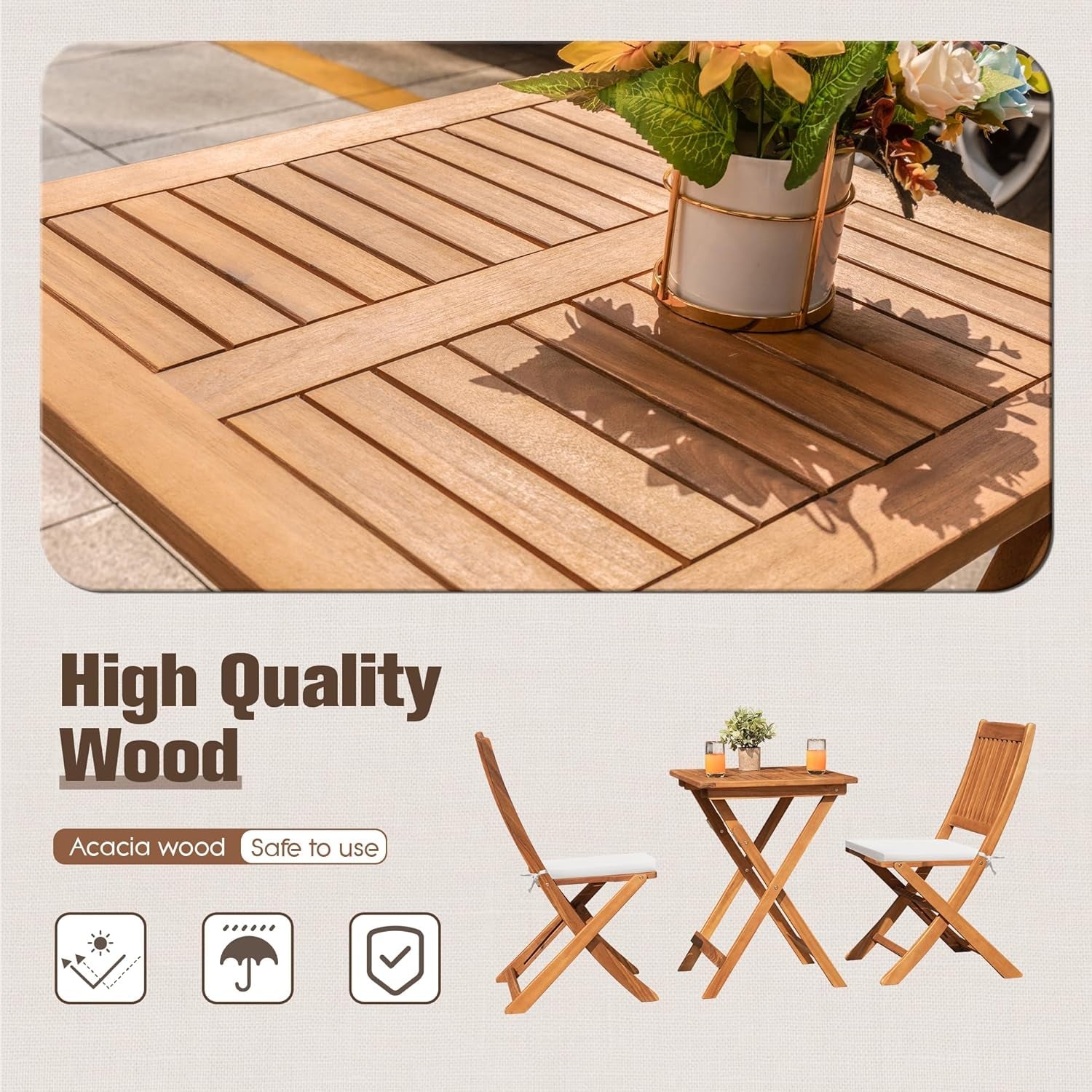 Outdoor 3 Piece Folding Patio Bistro Set Acacia Wood Bistro Table and Chairs Set of 2 for Garden Poolside Backyard Balcony Porch Deck-1