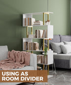 5 Tier Geometric Bookcase,S Shaped Bookshelf, Wood Decorative Storage Shelving, Modern Freestanding Display Shelves, Tall Book Shelf Unit for Living Room Bedroom, Gold-4