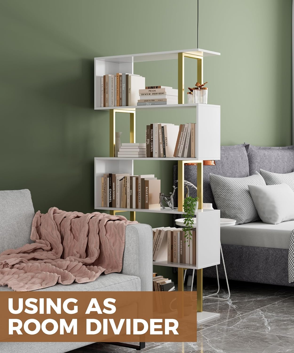 5 Tier Geometric Bookcase,S Shaped Bookshelf, Wood Decorative Storage Shelving, Modern Freestanding Display Shelves, Tall Book Shelf Unit for Living Room Bedroom, Gold-4