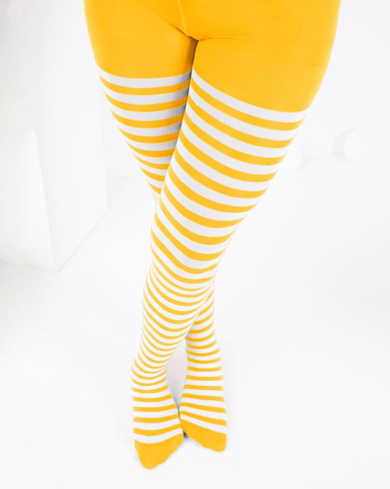 Kids White Striped Tights 70 Denier - Gold-0